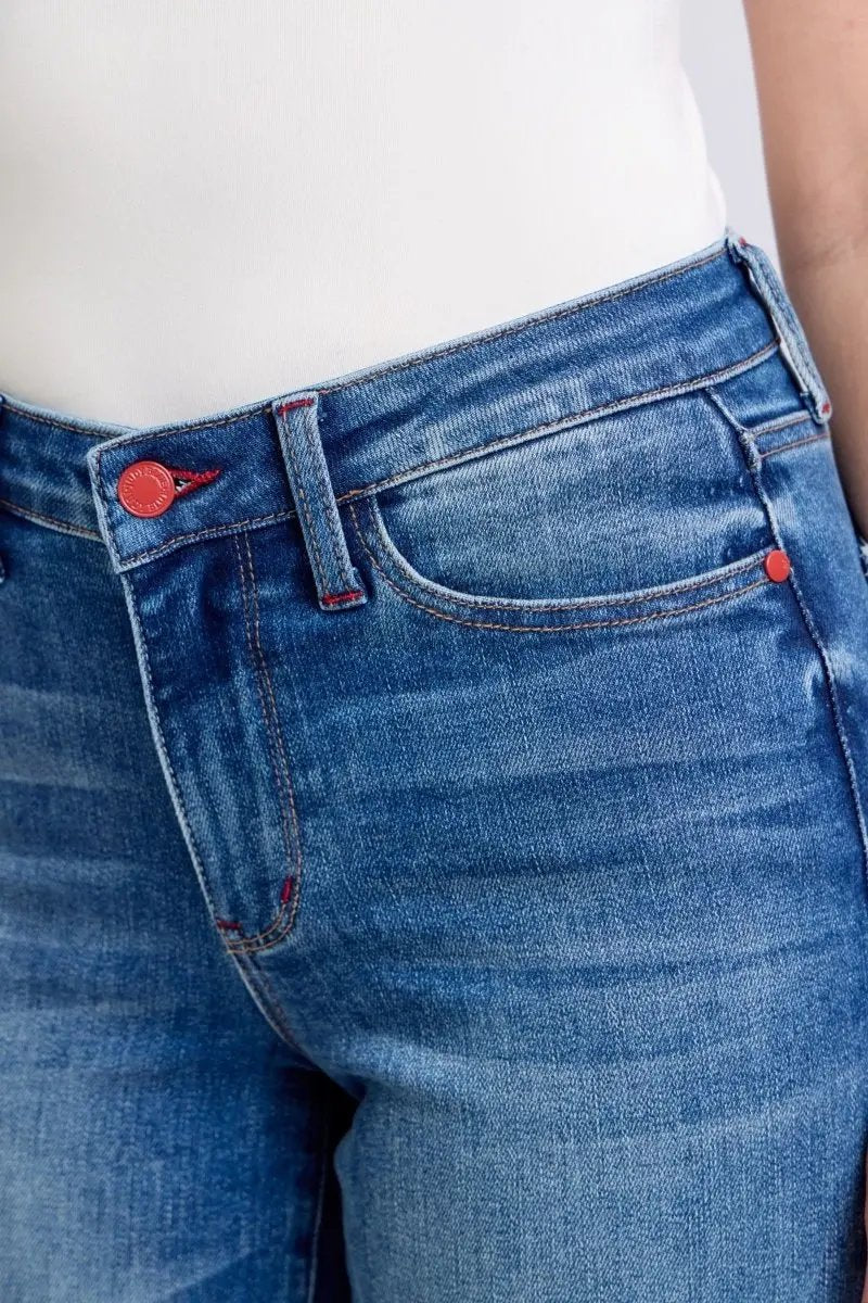 Judy Blue Full Size Plaid Print Cuff Straight Leg Jeans with Pockets - Love Salve